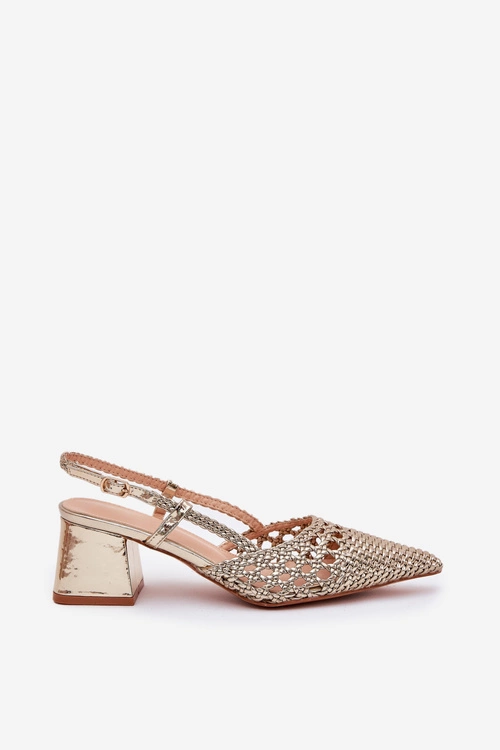 Sandały Na Słupku Z Plecionką I Szpiczastymi Noskami Złote Resterri