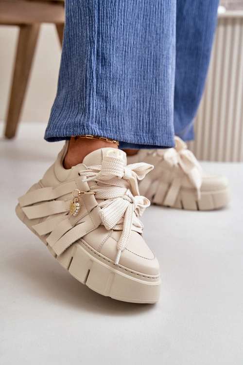 Sneakersy Skórzane Damskie Na Platformie Beżowe CheBello 4568