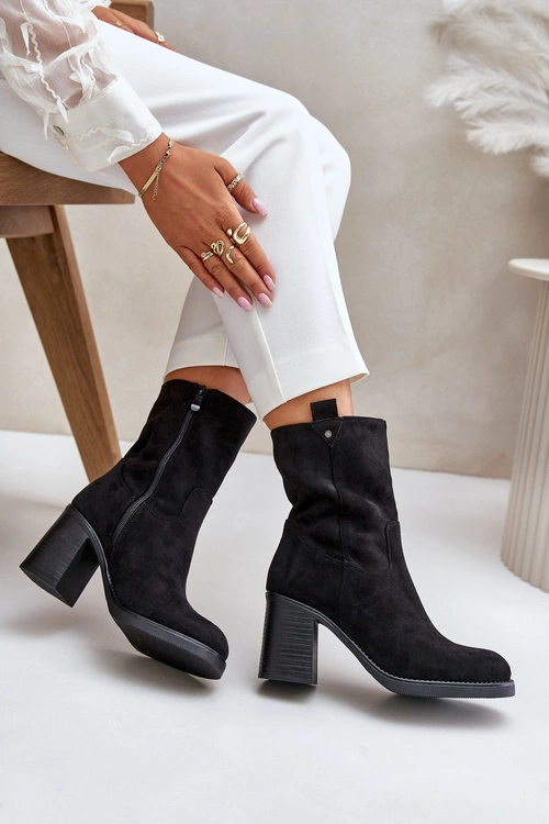 Botki Damskie Ocieplane Na Obcasie Słupku Eko Zamszowe Czarne Vellinga