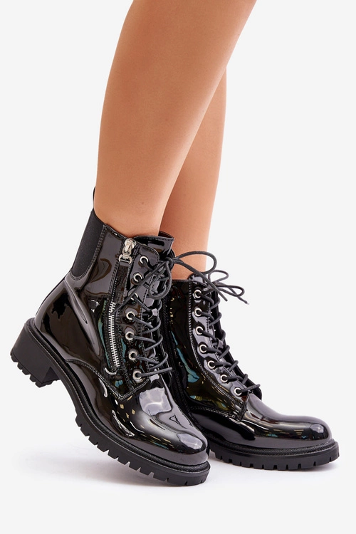 Lakierowane Botki Workery Na Zamek Ocieplane Czarne Ravanthia