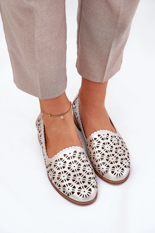 Skórzane Ażurowe Mokasyny Damskie S.Barski LR51-646 Złote