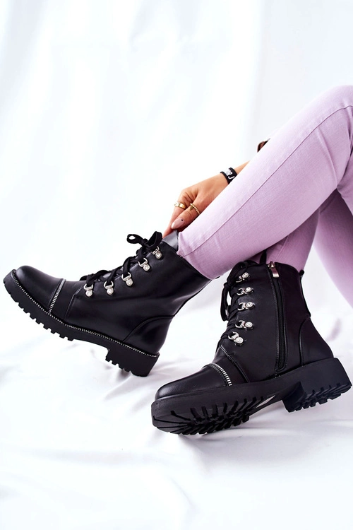 Klasyczne Skórzane Wiązane Botki Czarne Daiane