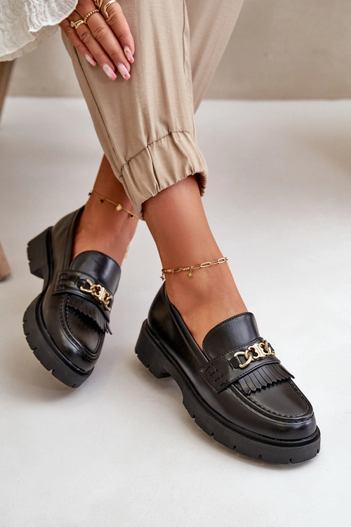 Eko Skórzane Mokasyny Damskie Ze Złotą Ozdobą Czarne Zanita