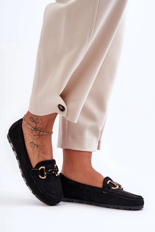 Zamszowe Mokasyny Damskie Z Ozdobą Czarne Dionira