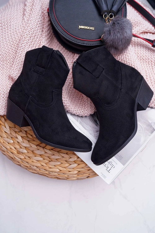 Botki Damskie Płaski Obcas Kowbojki Czarne Telifa