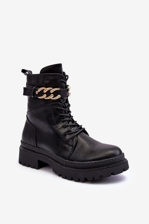 Skórzane Botki Workery Z Ozdobnym Paskiem Czarne Enili