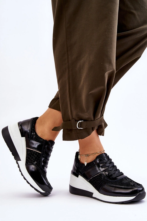 Damskie Skórzane Buty Sportowe Na Koturnie Czarne Crosby