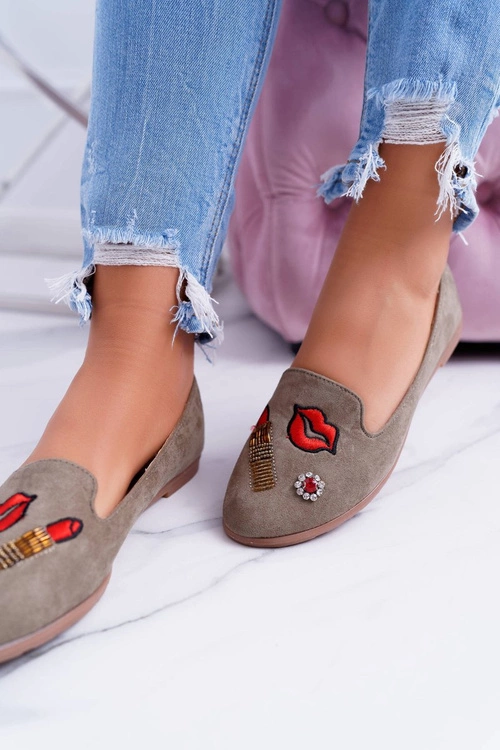 Oliwkowe Damskie Baleriny Naszywki Lipstick