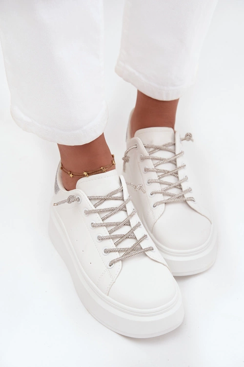 Sneakersy Damskie Na Platformie Z Ozdobnym Sznurowaniem I Brokatem Białe Belmira