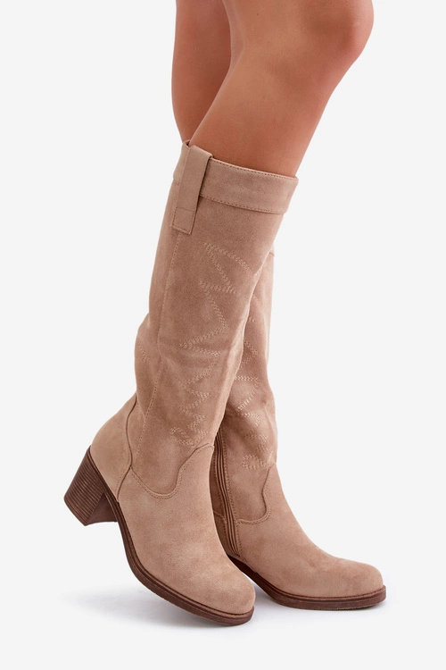 Kozaki Damskie Na Słupku Przed Kolano Beżowe Erisorae