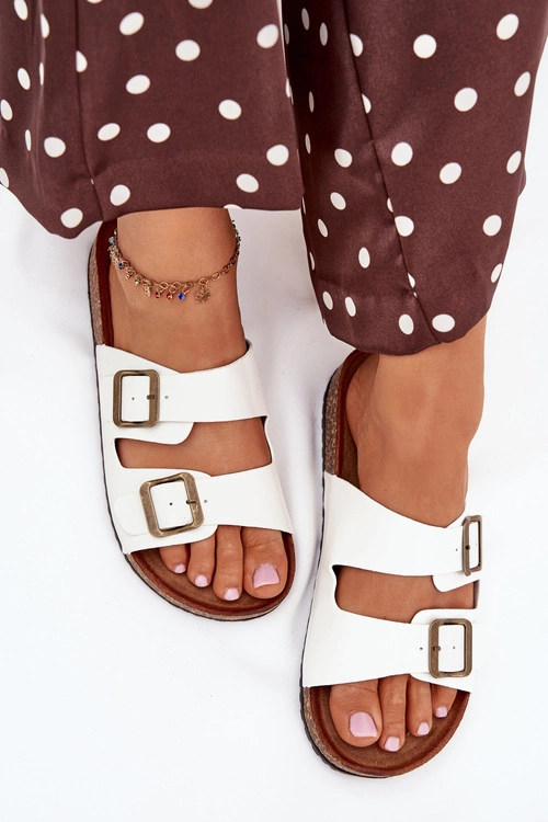 Damskie Klapki Na Korkowej Platformie Z Klamrami Białe Vesina