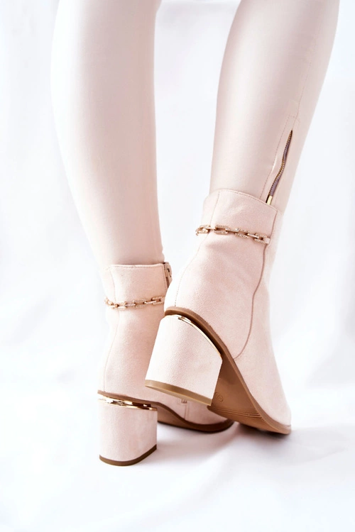 Damskie Zamszowe Botki Na Słupku Beżowe One Step