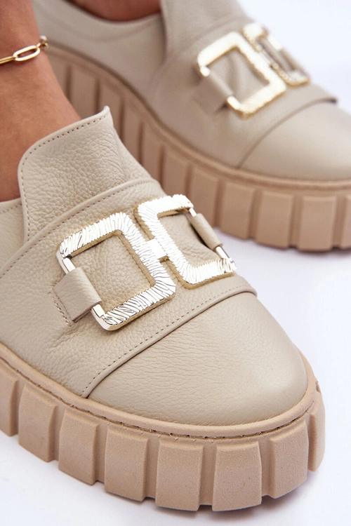 Skórzane Półbuty Damskie Na Platformie Beżowe Lewski 3398