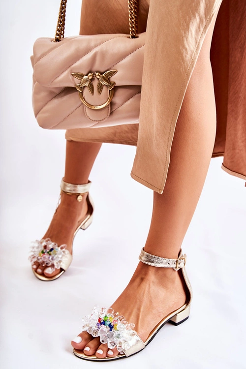 Damskie Skórzane Sandałki Na Płaskim Obcasie Złote Morlee