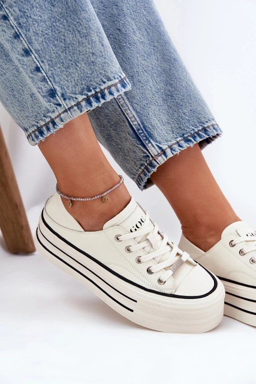 Skórzane Trampki Damskie Na Platformie GOE RR2N4106 Białe