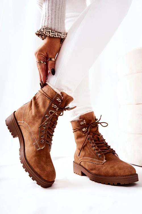 Skórzane Ocieplane Botki Workery Camel Kimmie