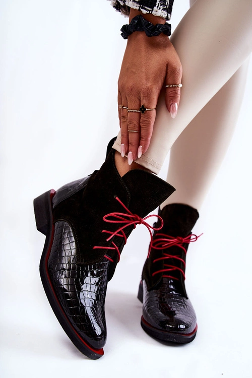 Skórzane Botki Krokodyli Wzór Czarno-Czerwone Cheyenne