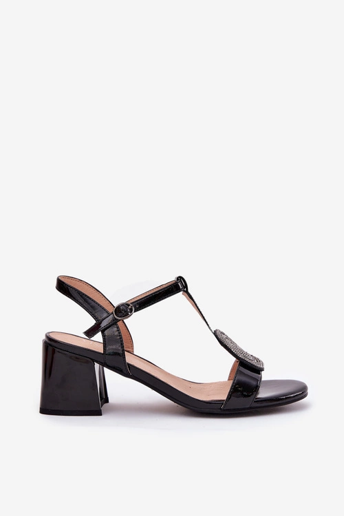 Skórzane Lakierowane Sandały Damskie Na Słupku Z Ozdobą Vinceza 91134 Czarne