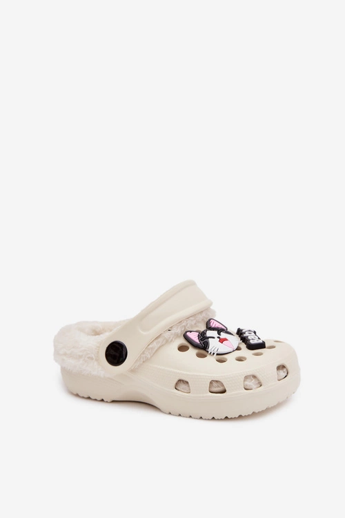 Piankowe Klapki Dziecięce Ocieplane Futerkiem Z Przypinkami Kremowe Cerelle