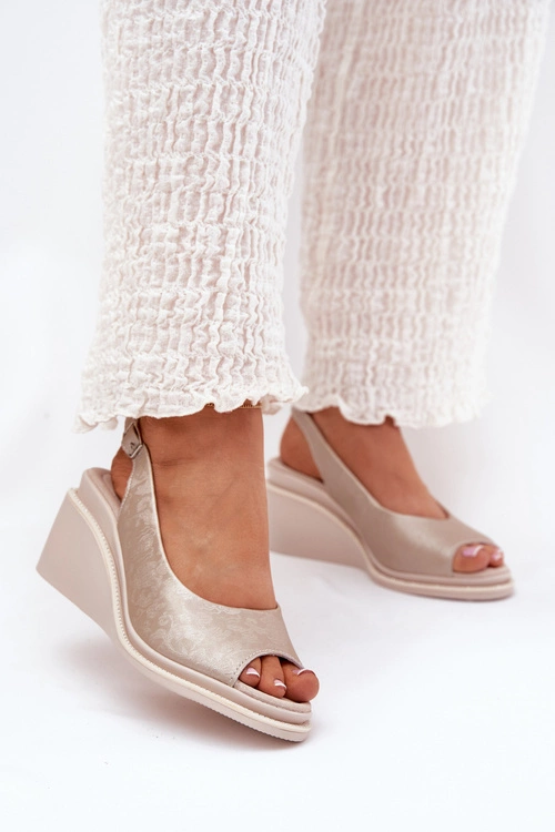 Sandały Damskie Skórzane Na Koturnie S.Barski LR51-539 Złote