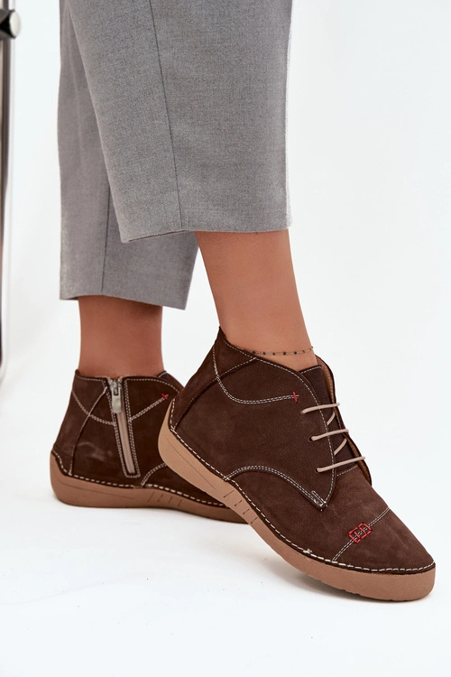 Skórzane Półbuty Damskie Z Przeszyciami Na Zamek Artiker 57C2117 Brązowe