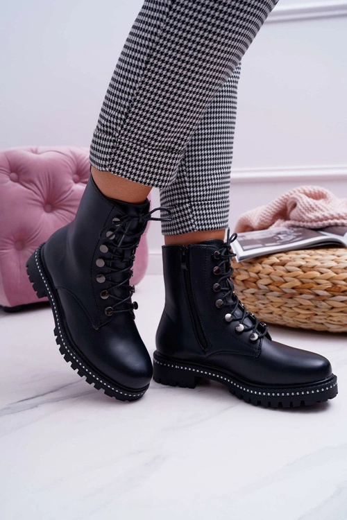 Botki Damskie Płaski Obcas Wysokie Glany Czarne Buena