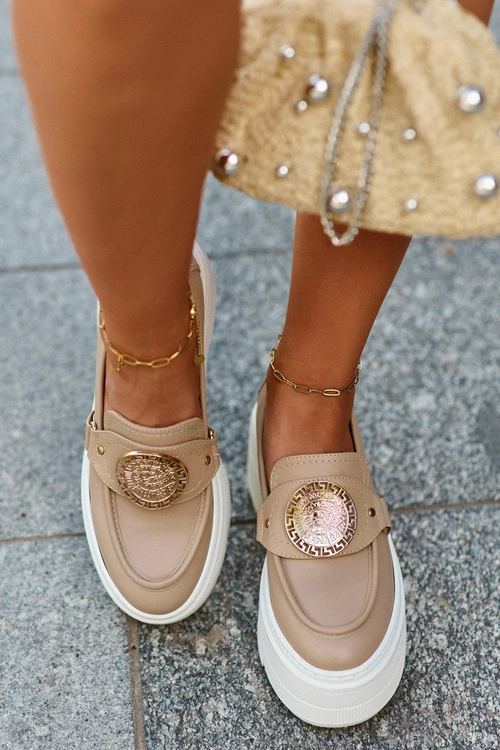 Zazoo 3458 Mokasyny Skórzane Damskie Z Ozdobą Beżowe