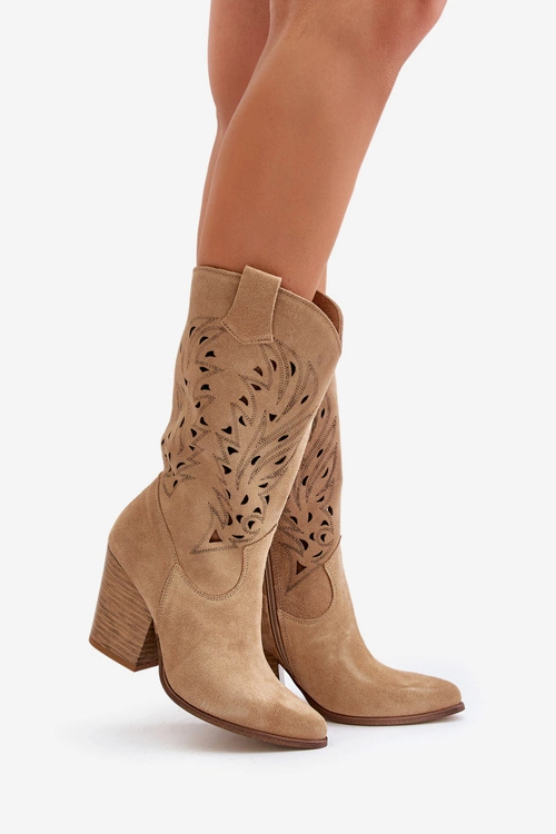 Ażurowe Kozaki Do Połowy Łydki Na Słupku Zamszowe Lewski 3609 Beżowe