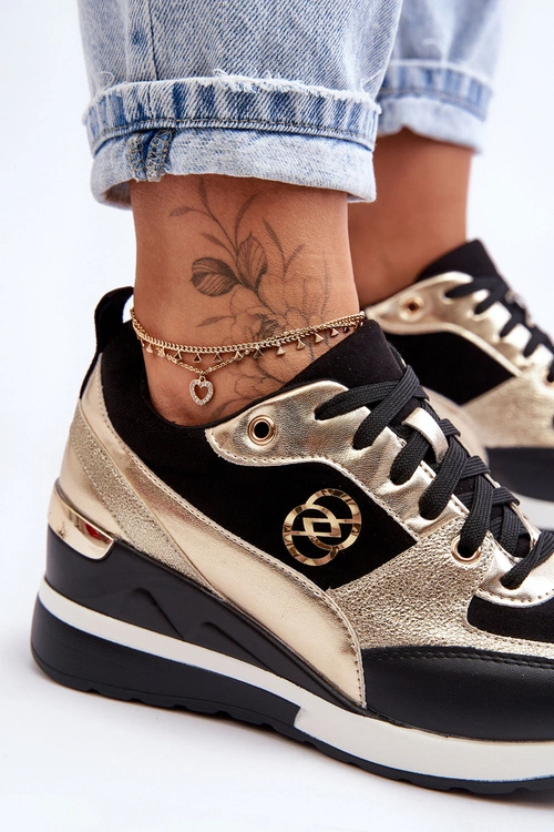 Damskie Sznurowane Buty Sportowe Na Koturnie Czarno-Złote Genova