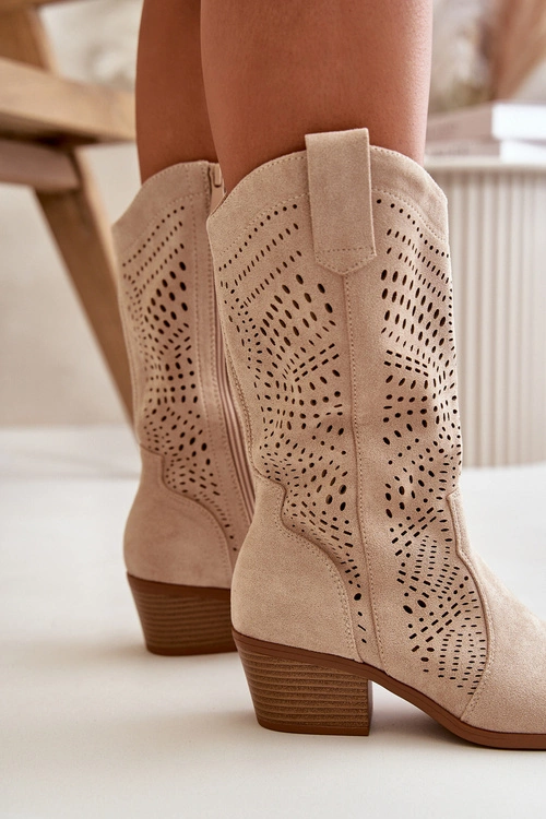 Ażurowe Damskie Botki Kowbojki Na Obcasie Beżowe Iceda