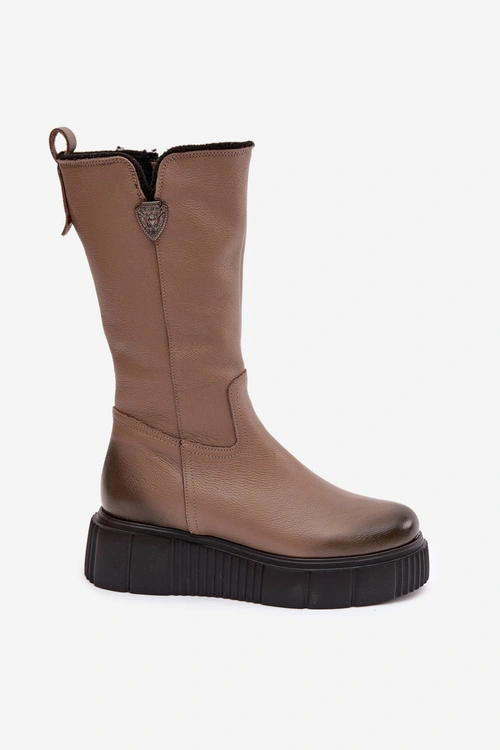 Zazoo 70121 Skórzane Damskie Kozaki Z Wełną Ciemnobeżowe