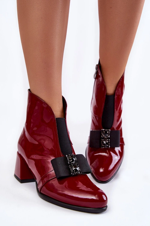 Lakierowane Botki Na Obcasie Z Ozdobną Kokardą Bordowe Hallie