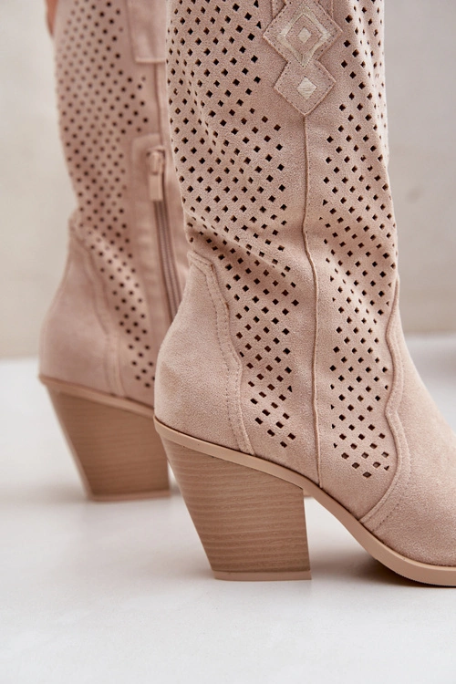 Ażurowe Botki Kowbojki Na Słupku Jasnobeżowe Salive