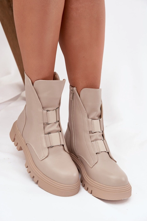 Ocieplane Botki Workery Damskie Na Zamek Eko Skórzane Jasnobeżowe Mailyra