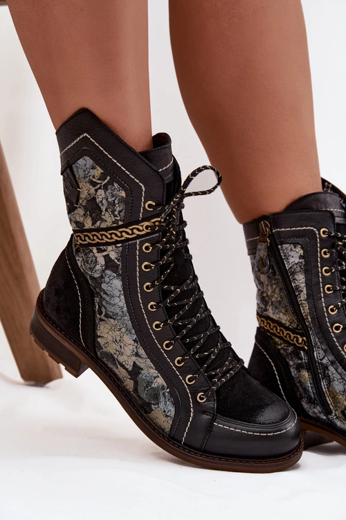 Botki Damskie Z Naturalnej Skóry Maciejka 07097-01 Czarno-Złote