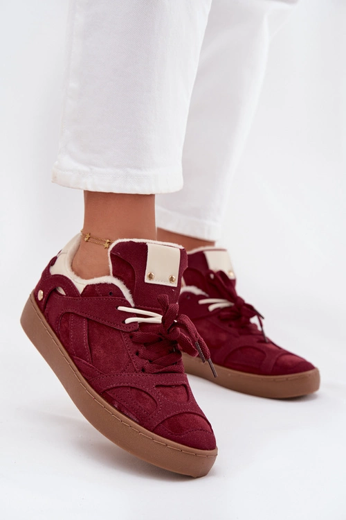 Sneakersy Damskie Na Platformie Ocieplane Futerkiem Bordowe Solvia 
