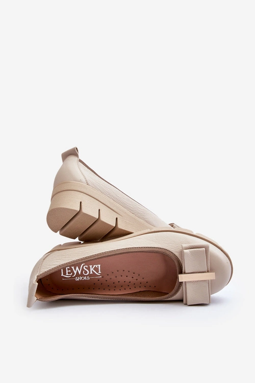 Baleriny Skórzane Na Platformie Z Ozdobą Kremowe Lewski 3384