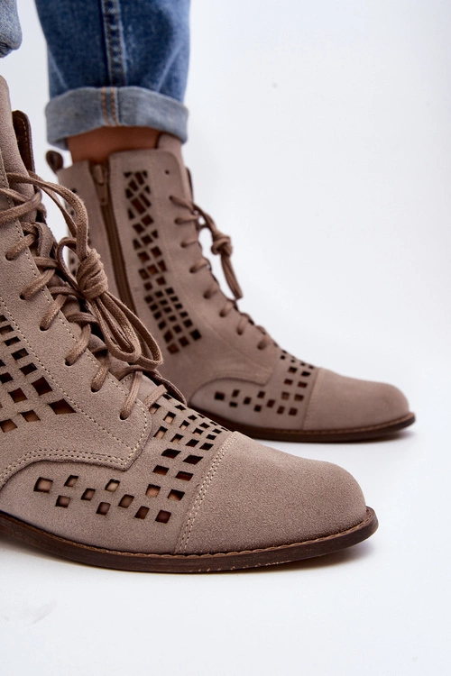 Zazoo 2627 Ażurowe Skórzane Botki Beżowe