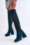 Ażurowe Zamszowe Kozaki Na Obcasie Zielone Castres