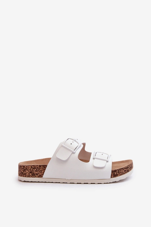 Damskie Klapki Na Korkowej Platformie Z Klamrami Białe Klinesta