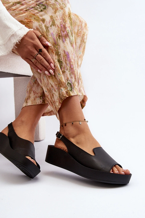 Zazoo 2893 Sandały Damskie Skórzane na Grubej Podeszwie Czarne