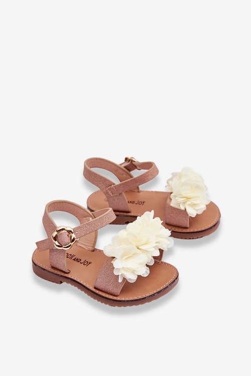 Modne Dziecięce Sandały Z Kwiatami Beżowo-Złote Poly