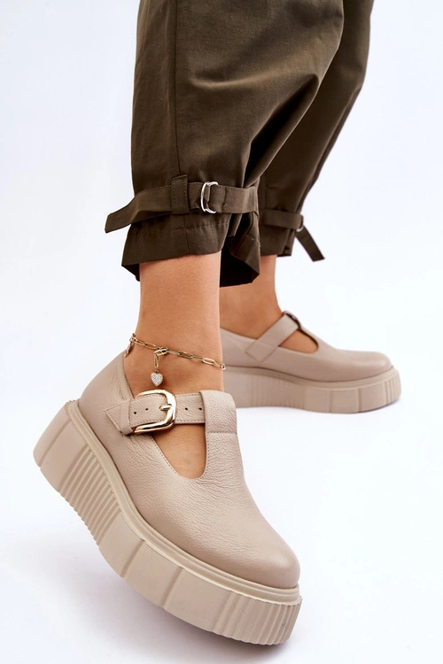 Zazoo 20102 Modne Skórzane Półbuty Na Masywnej Platformie Beżowe