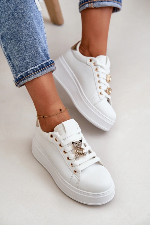 Sneakersy Damskie Na Platformie Z Misiem Białe Vailina