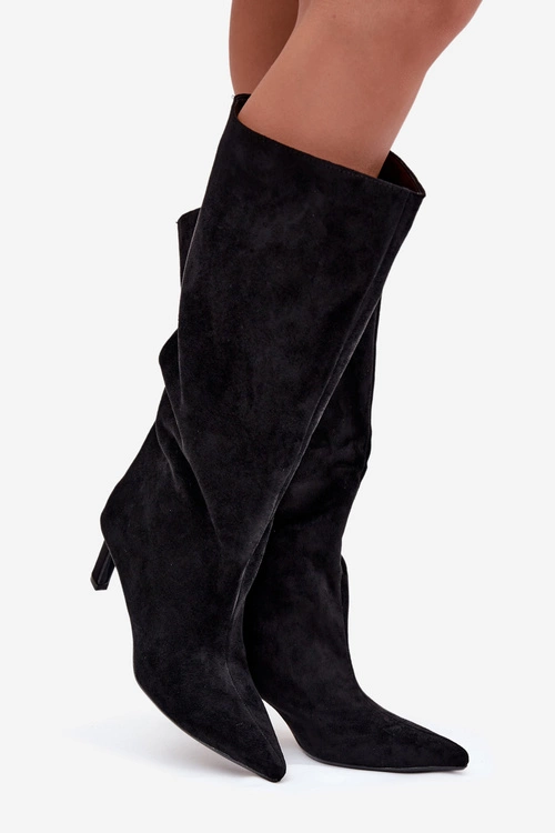 Kozaki Damskie Z Eko Zamszu Wsuwane Na Szpilce Czarne Phelin