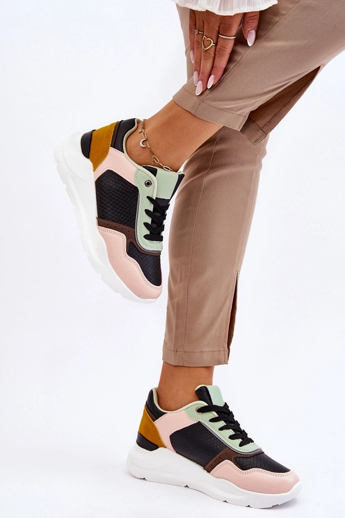 Damskie Skórzane Buty Sportowe Na Platformie Czarno-Zielone Chaya