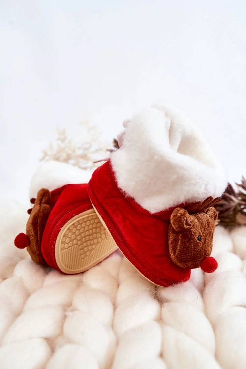 Dziecięce Ocieplane Papcie Brązowy Renifer Czerwone