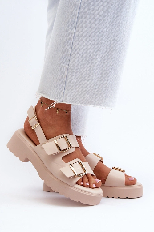 Sandały Damskie Z Klamrami Eko Skórzane Beżowe Konanttia