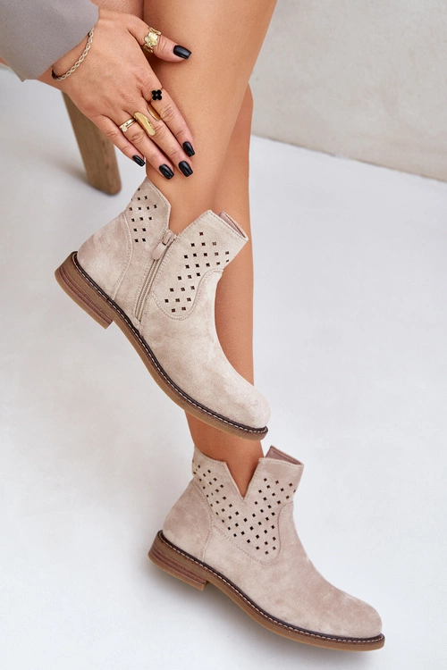 Botki Na Płaskim Obcasie Z Ażurową Cholewką Jasnobeżowe Elivaya