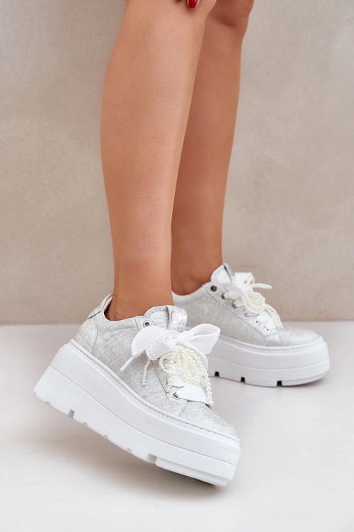 Skórzane Sneakersy Na Platformie CheBello 4658 Srebrne